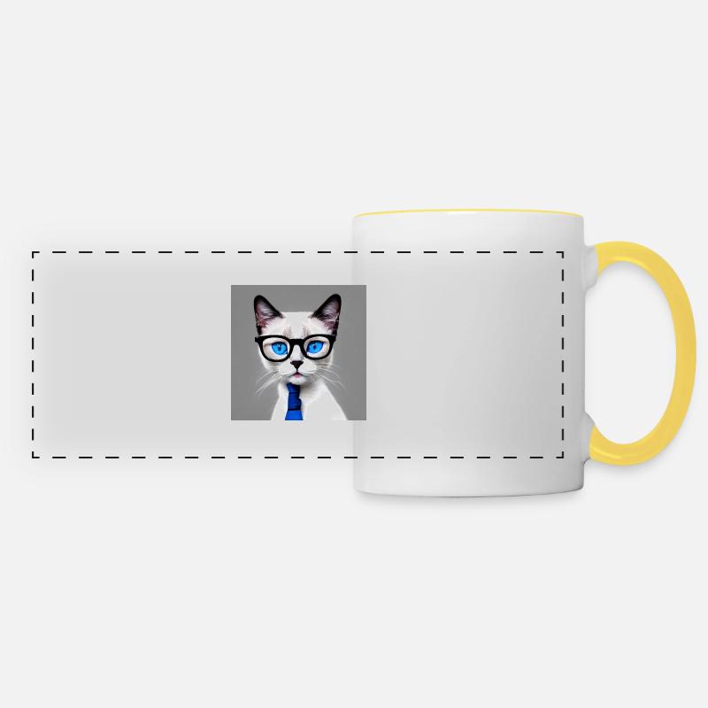 Cute cat Elijah with glasses - Panoramic Mug - white/yellow