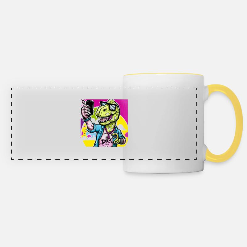 Dinosaur Makes Selfie Gift - Panoramic Mug - white/yellow