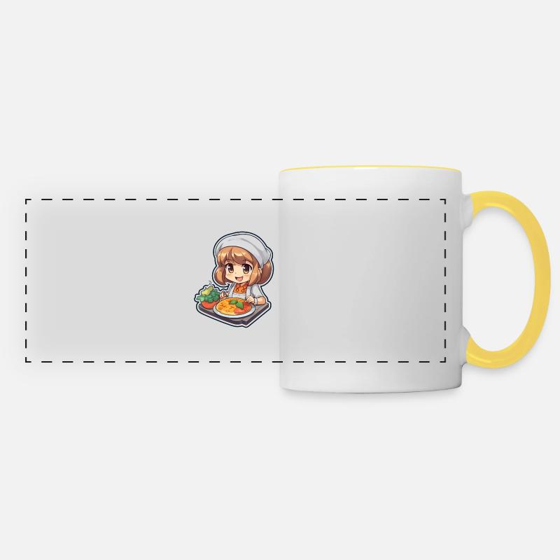 "Cute Anime Chef: Preparing Delightful Meals!" - Panoramic Mug - white/yellow