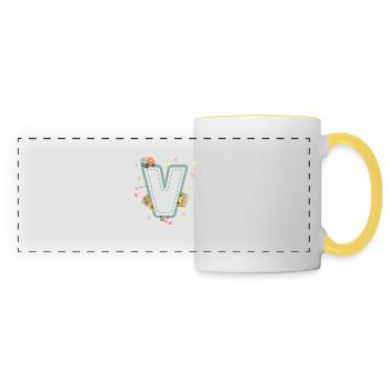 Buchstabe v Fahrzeug - personalisiertes Kindergeschenk - Panoramatasse - Weiß/Gelb - Vorne
