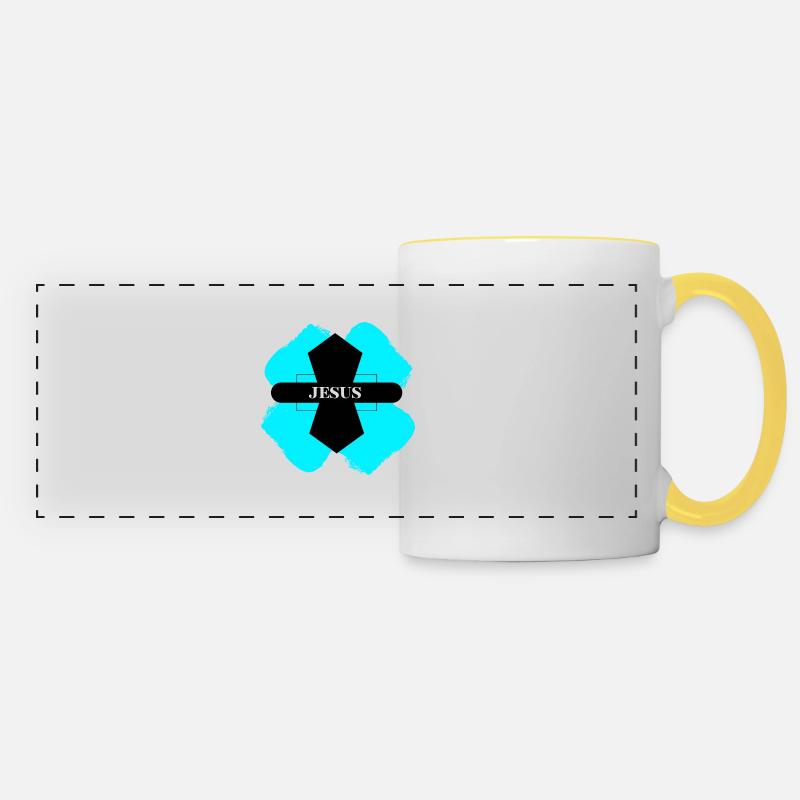 Jésus croix turquoise - Mug panoramique contrasté et blanc - blanc/jaune