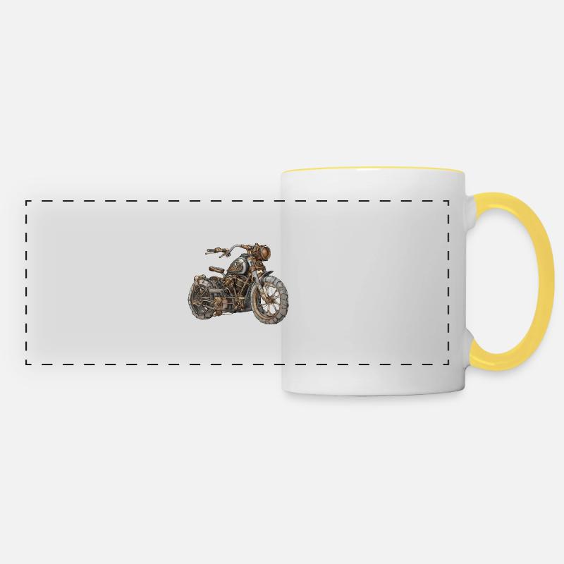 Moto / Cyclomoteur / Steampunk / Vélo / Machine - Mug panoramique contrasté et blanc - blanc/jaune