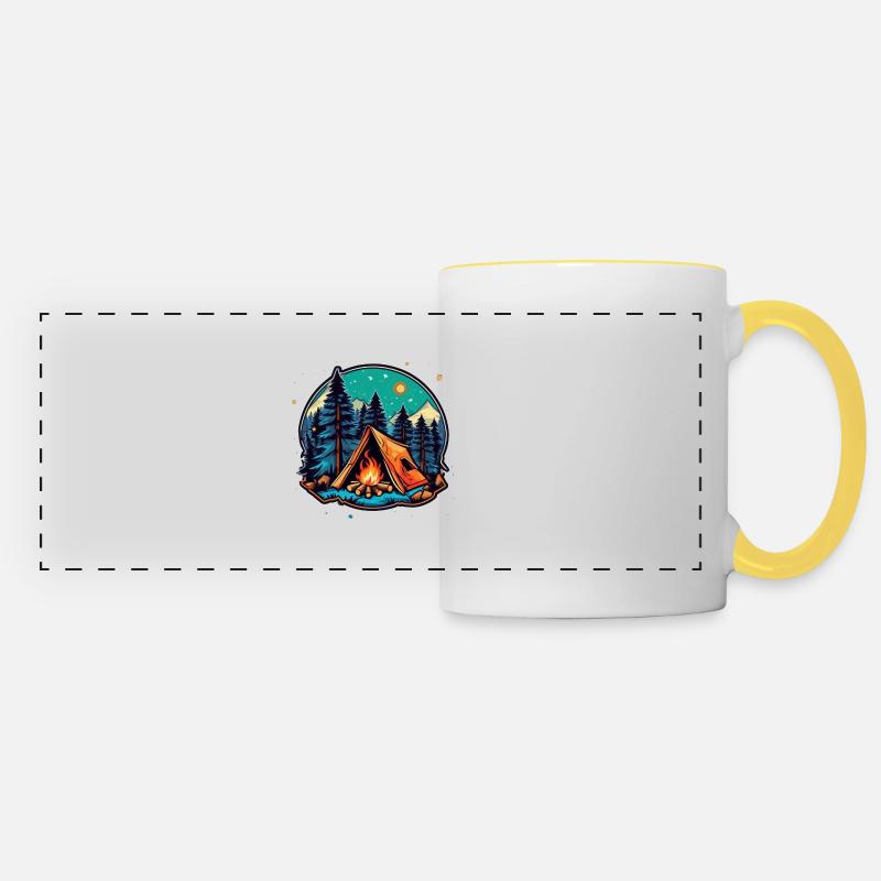 Camping, tent and campfire - Panoramic Mug - white/yellow