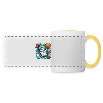 Cute Astronaut Space Kitty Amidst Yarn Planets - Panoramic Mug - white/yellow - Front
