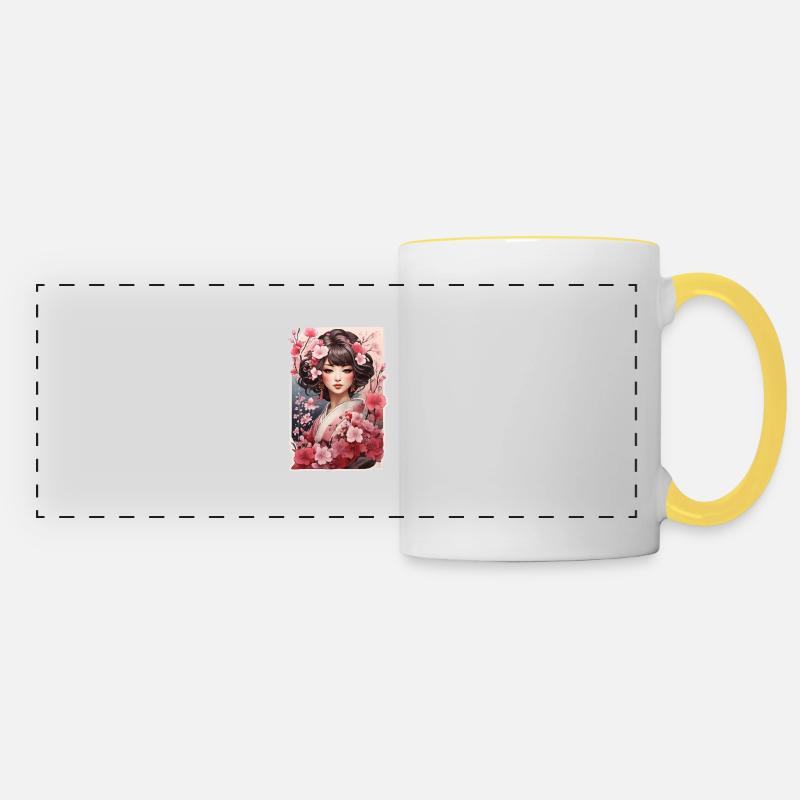 Woman in kimono with cherry and plum patterns - Panoramic Mug - white/yellow