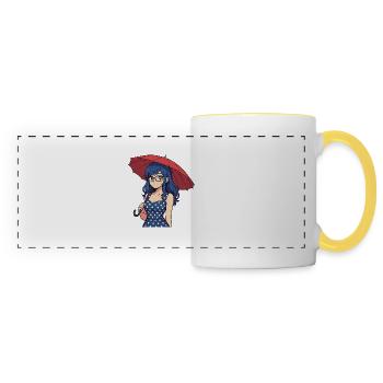 A young woman with an umbrella - Panoramic Mug - white/yellow - Front