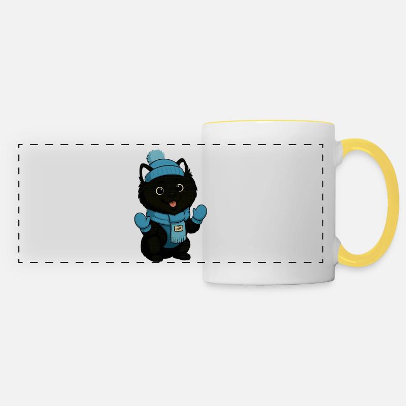 Cuddly dog with blue hat and scarf - Panoramic Mug - white/yellow