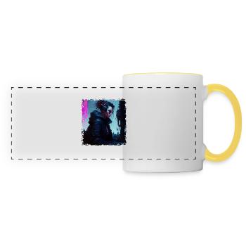 A female soldier of the future in the underground - Panoramic Mug - white/yellow - Front