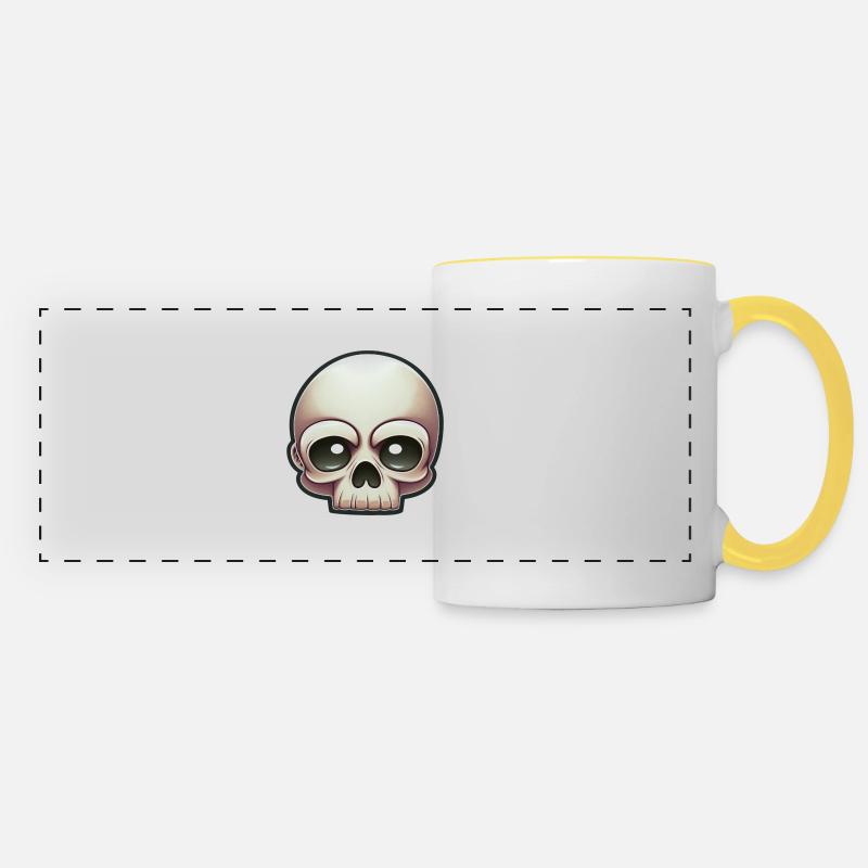 Schädel-Schabernack: Cartoon-Totenkopf - Panoramatasse - Weiß/Gelb