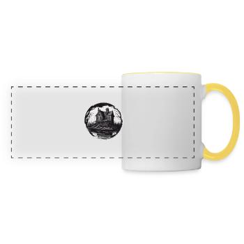 Lakeside House / Cabin / Lake / Mountains / Nature /Forest - Panoramic Mug - white/yellow - Front