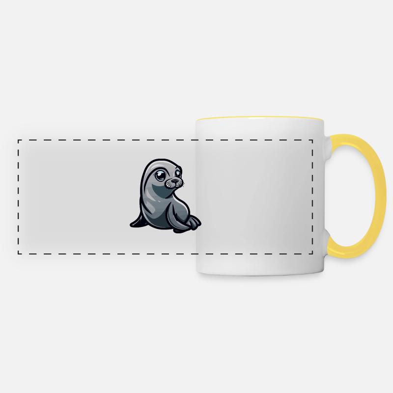 Bande dessinée d’animaux de phoque - Mug panoramique contrasté et blanc - blanc/jaune
