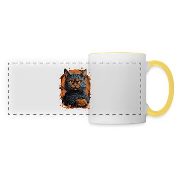 Fantaisie féline hantée: Citrouille d’Halloween de chat effrayant - Mug panoramique contrasté et blanc - blanc/jaune - Devant