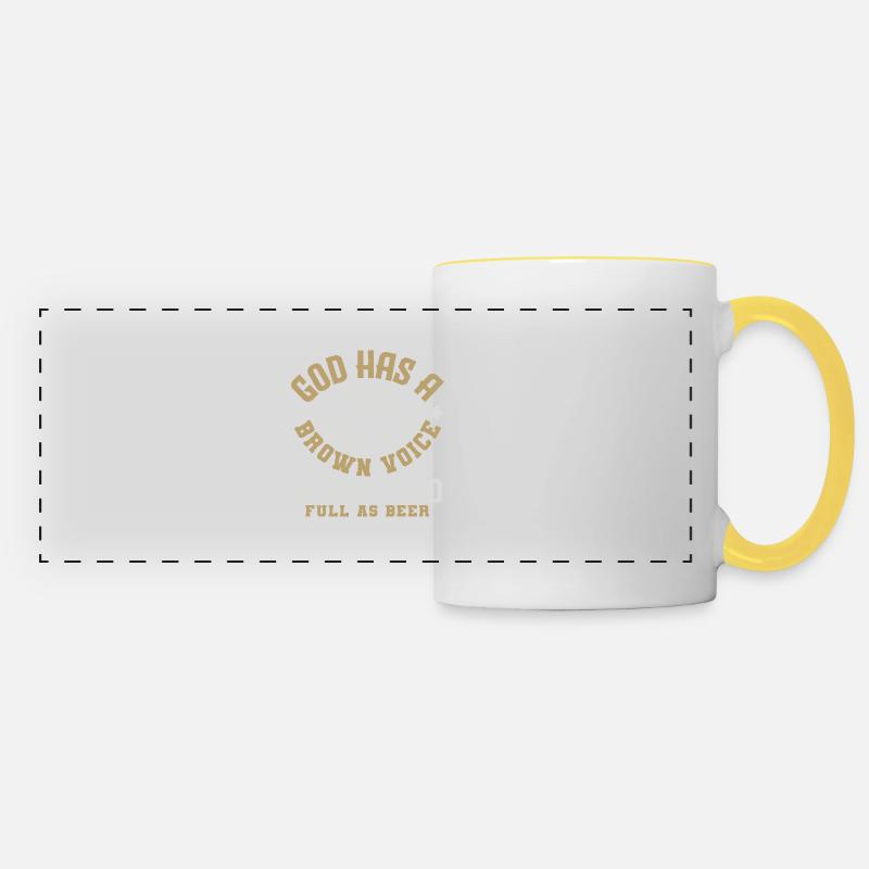 GOD HAS A BROWN VOICE AS SOFT AND FULL AS BEER - Panoramic Mug - white/yellow