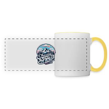 "Chasing Snow" - A Ski Lover's Dream - Panoramic Mug - white/yellow - Front