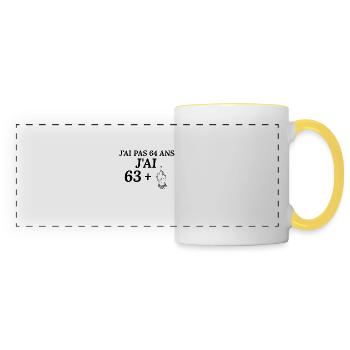 64. Geburtstag – Design von Owl Wisdom - Panoramatasse - Weiß/Gelb - Vorne