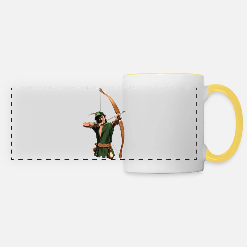 Robin Hood - Pfeil und Bogen - Geschenk - Panoramatasse - Weiß/Gelb