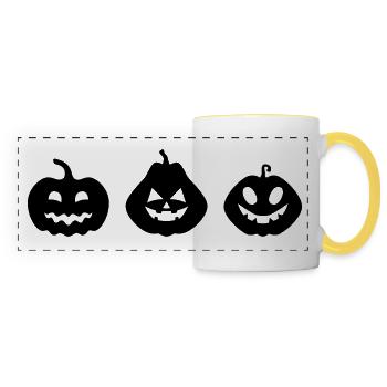 three creepy Halloween pumpkins in a row - Panoramic Mug - white/yellow - Front