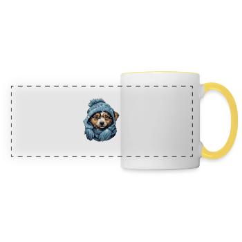 Chien d’hiver avec chapeau et écharpe - Mug panoramique contrasté et blanc - blanc/jaune - Devant