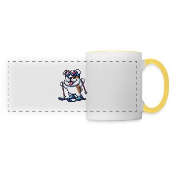 Bulldog on skis - winter holiday in comic style - Panoramic Mug - white/yellow - Front