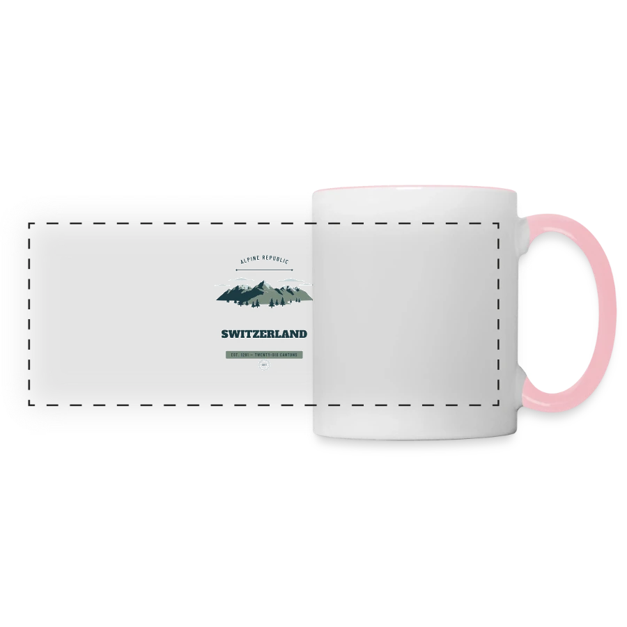 Switzerland badge on a panoramic mug, white/pink