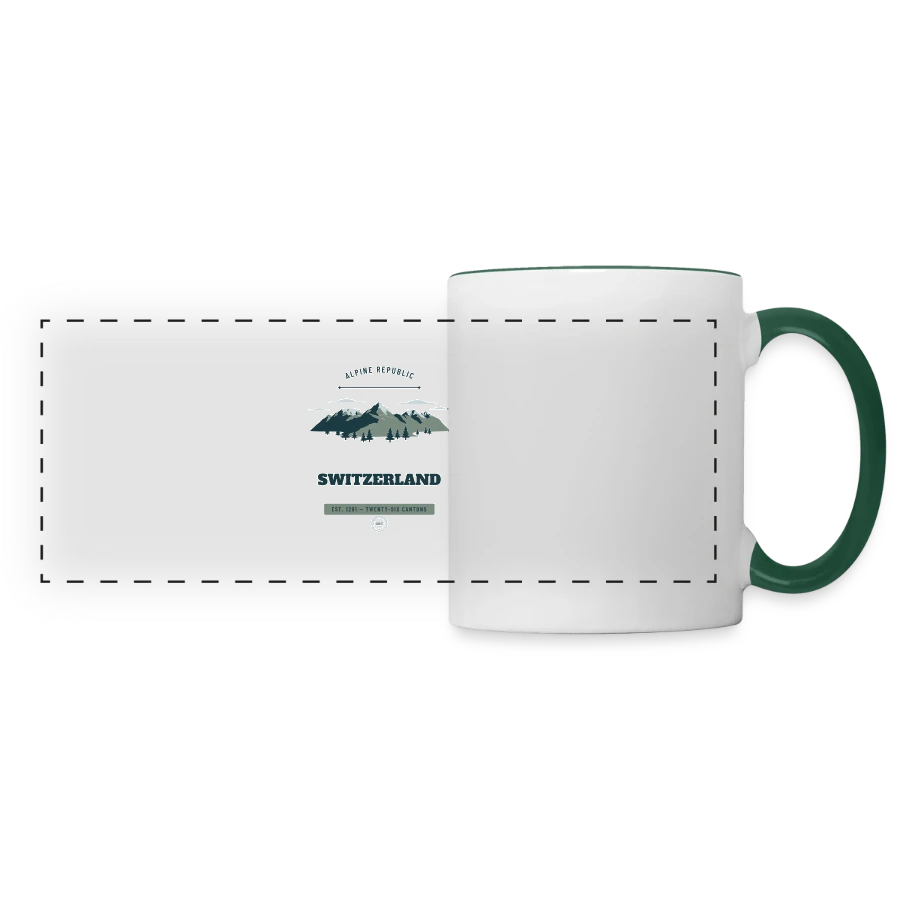 Switzerland badge on a panoramic mug, white/dark green
