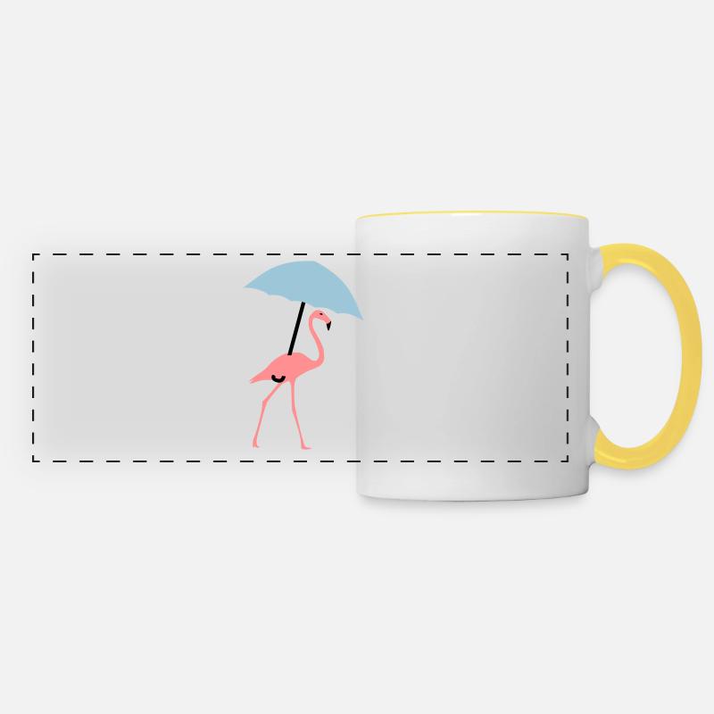 Flamingo mit Regenschirm oder Sonnenschirm - Panoramatasse - Weiß/Gelb