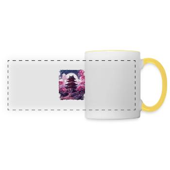 Sakura en fleurs de cerisier dans un temple Vaporwave - Mug panoramique contrasté et blanc - blanc/jaune - Devant
