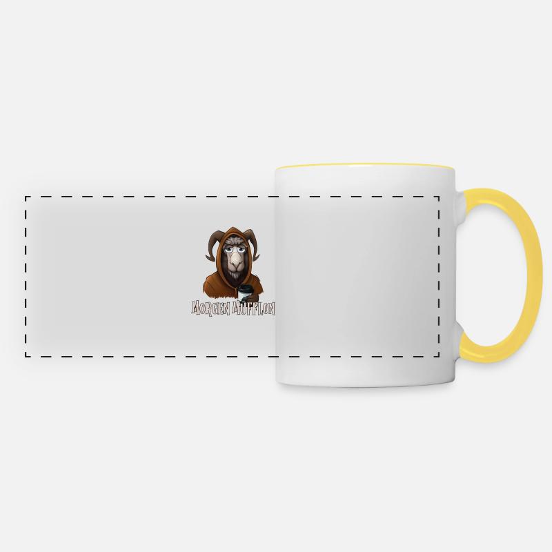Lustiges Mufflon, Kaffe, Morgenmuffel Spruch - Panoramatasse - Weiß/Gelb