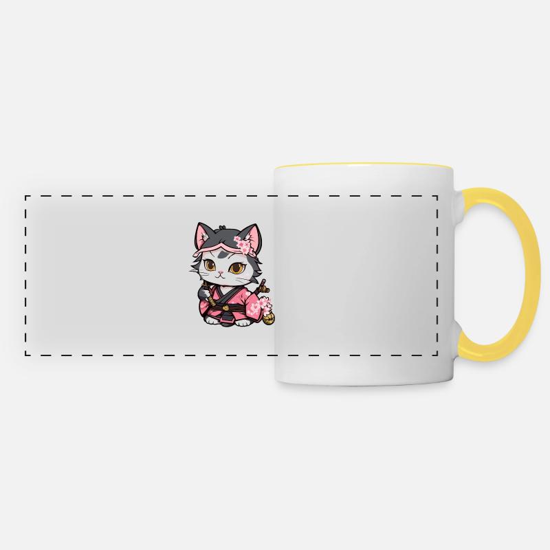 Samurai Cat & Cherry Blossoms #12 - Panoramic Mug - white/yellow