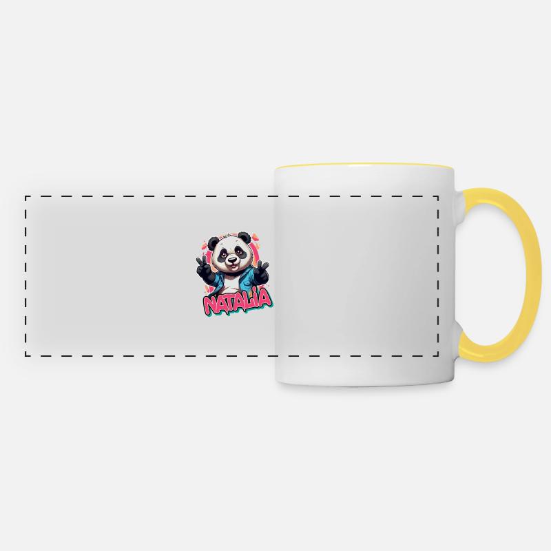 NATALIA - Schöner Mädchen Name mit coolem Panda - Panoramatasse - Weiß/Gelb