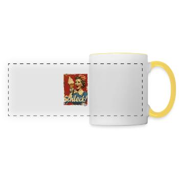 Happy 1950s housewife with cream – Schleck! - Panoramic Mug - white/yellow - Front