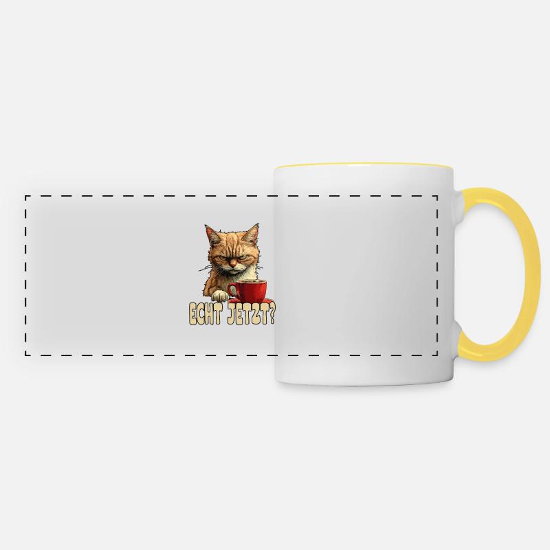 Lustige Katze mit Kaffee und Spruch - Panoramatasse - Weiß/Gelb