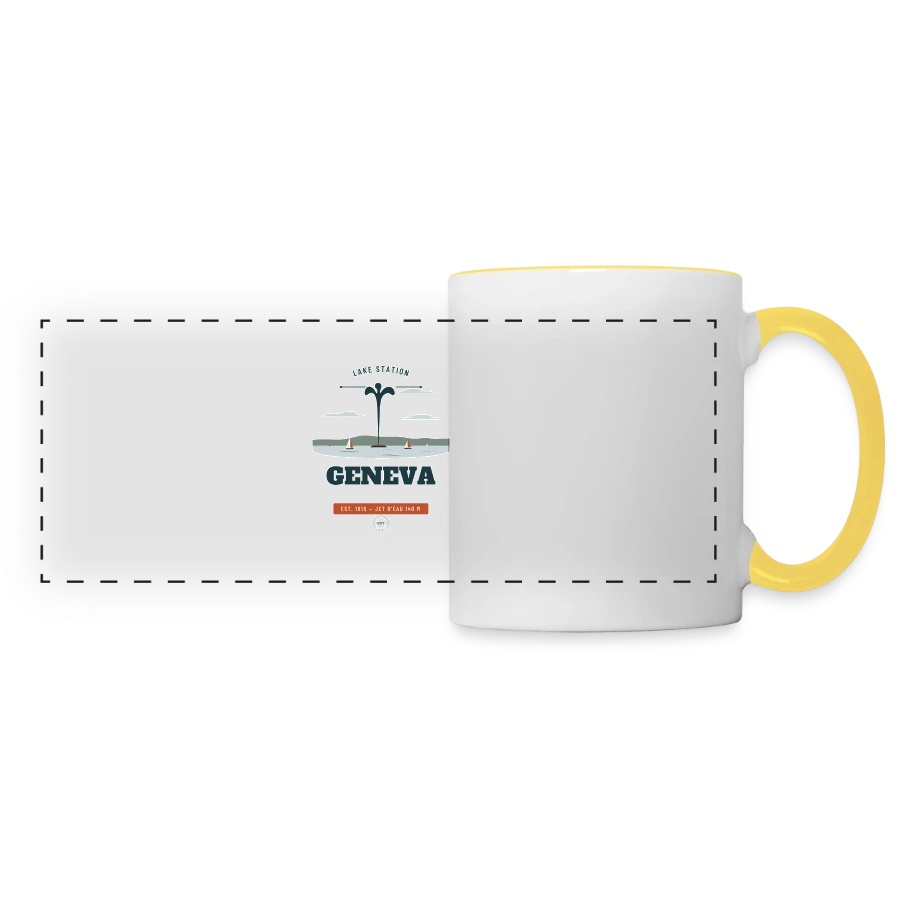 Geneva badge on a panoramic mug, white/yellow