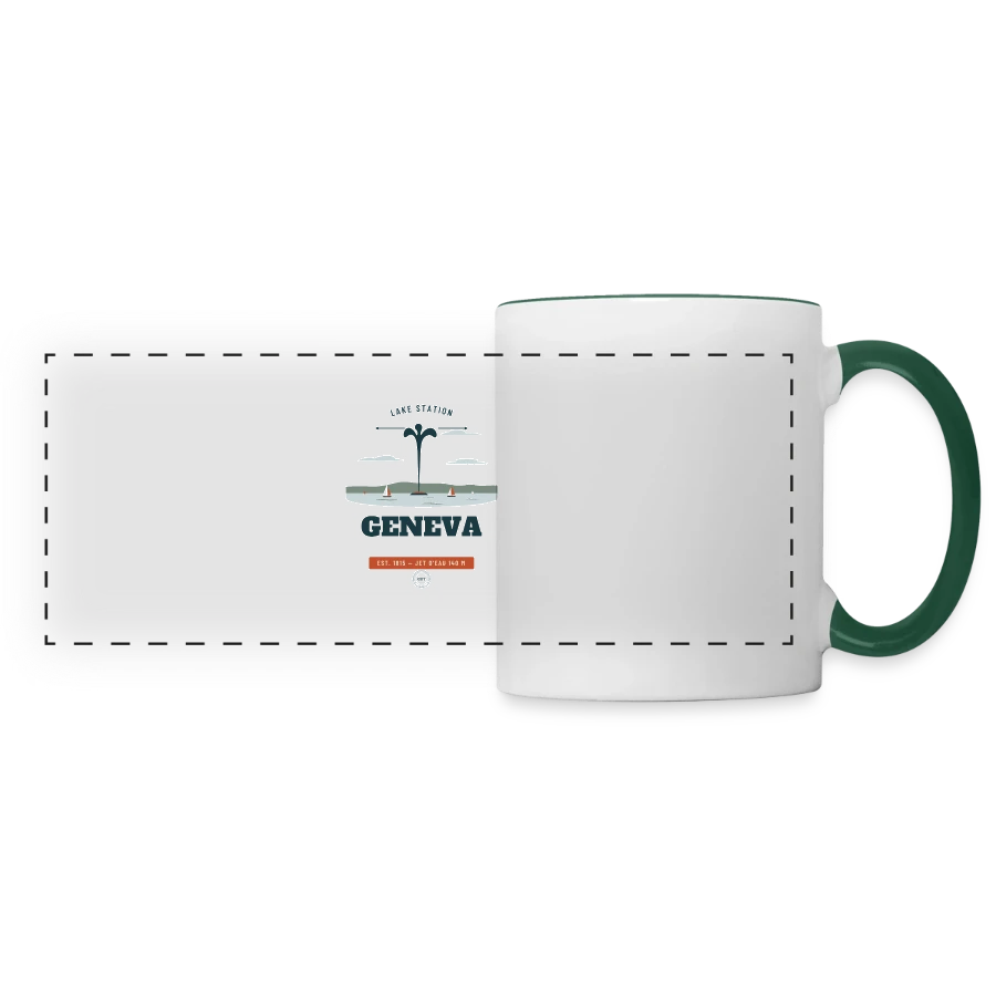 Geneva badge on a panoramic mug, white/dark green