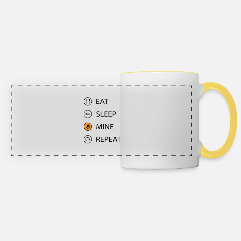 Eat sleep mine repeat cryptocurrency t-shirt - Panoramic Mug - white/yellow
