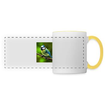 Cool Comic Portrait of a blue tit in the forest - Panoramic Mug - white/yellow - Front