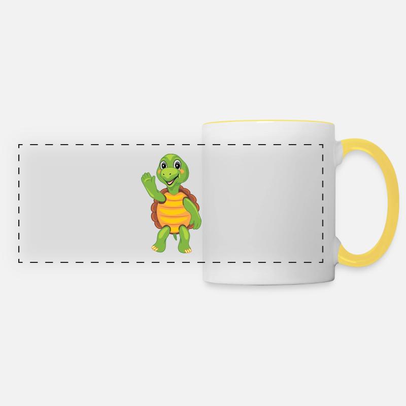 Funny cartoon turtle waving paw - Panoramic Mug - white/yellow