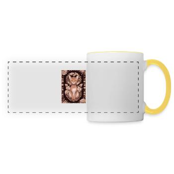 Gravure sur bois d’un chat avec des roses - Mug panoramique contrasté et blanc - blanc/jaune - Devant