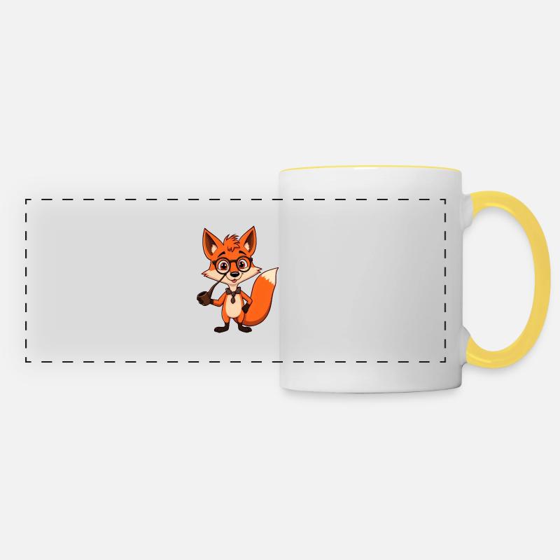 Witziger Fuchs mit Brille: Selbstbewusster Cartoon-Stil - Panoramatasse - Weiß/Gelb