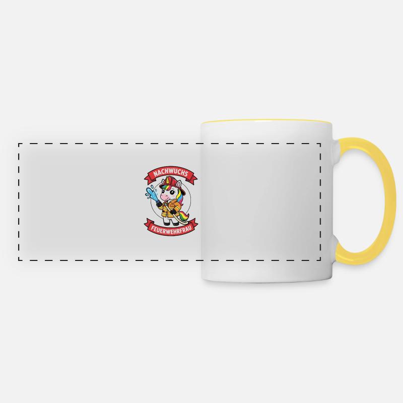 Jeune pompier avec licorne - Mug panoramique contrasté et blanc - blanc/jaune