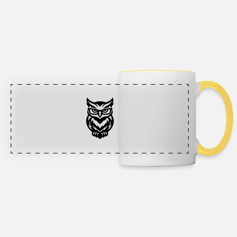 Owl in glasses – linear graphics - Panoramic Mug - white/yellow