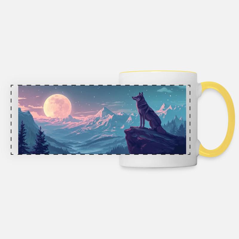 Wolf Howling At The Moon - Panoramic Mug - white/yellow