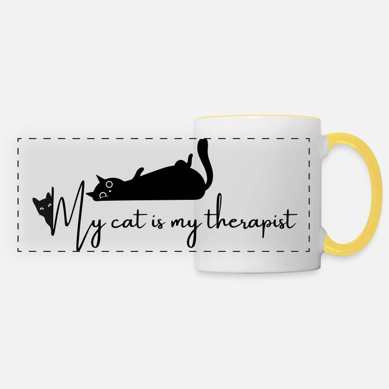 Chat - Mon chat est mon thérapeute - chat drôle - Mug panoramique contrasté et blanc - blanc/jaune
