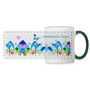 Watercolor trees and butterflies “wonderful day” - Panoramic Mug - white/dark green - Front