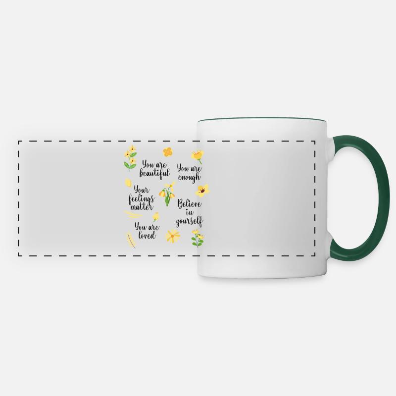 Positive Affirmations with Yellow Flowers | Women - Panoramic Mug - white/dark green