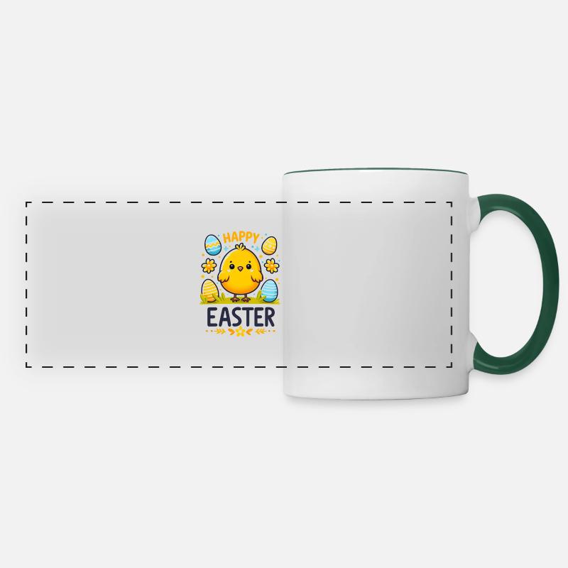 Joyeuses Pâques - Mignon poulet de Pâques avec des œufs - Mug panoramique contrasté et blanc - blanc/vert foncé