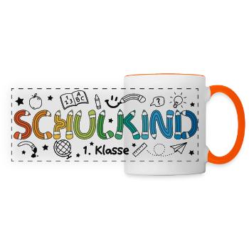 Schulkind 2026 Doodle Einschulung Schulanfang - Panoramatasse - Weiß/Orange - Vorne