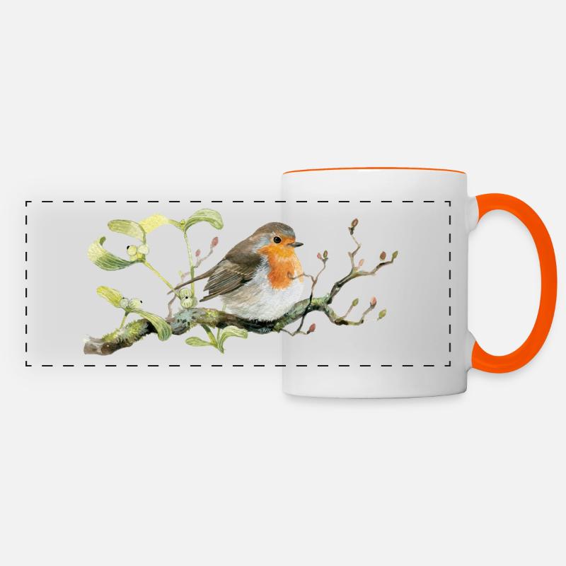 Rouge-gorge sur la branche - Mug panoramique contrasté et blanc - blanc/orange