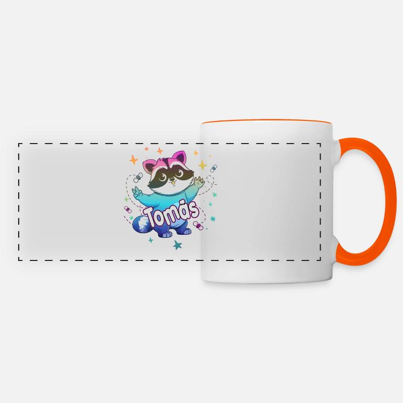 TOMÁS - Beautiful boy name with cute raccoon - Panoramic Mug - white/orange