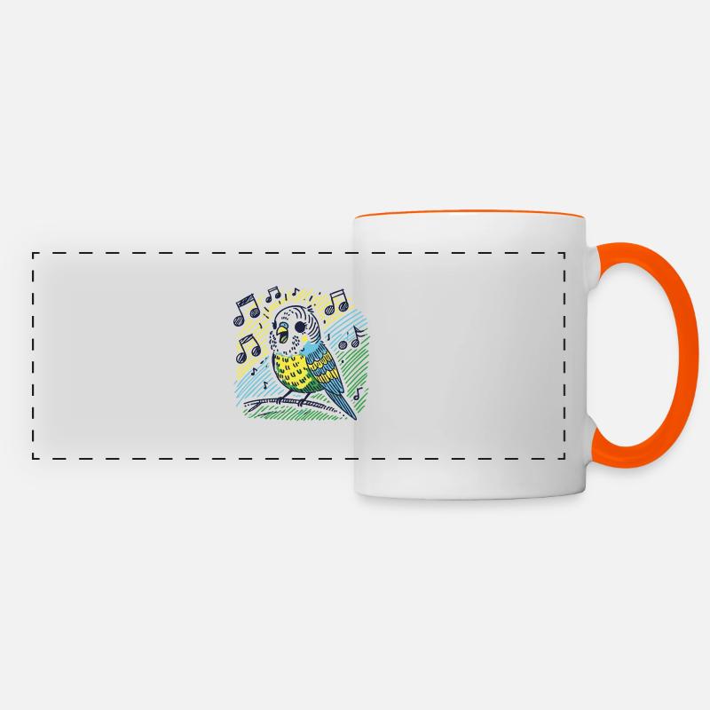 Singing budgie on branch - Panoramic Mug - white/orange